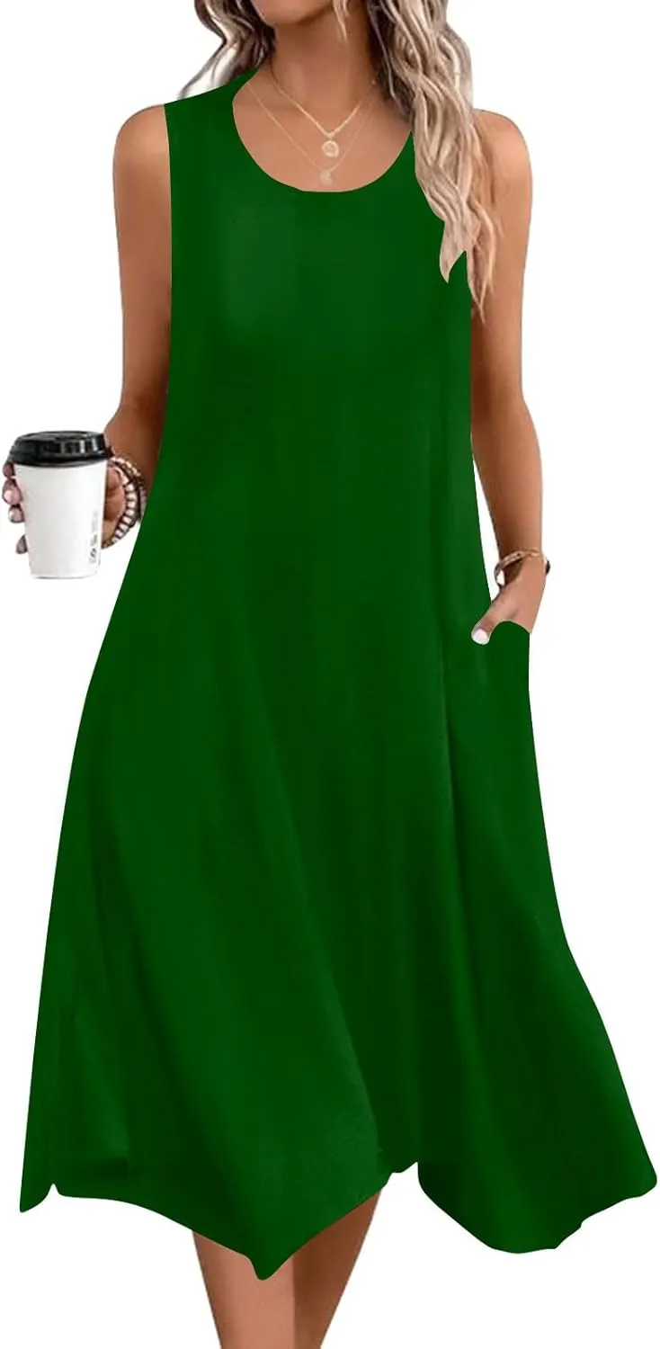 Women's Casual Summer Dress Sleeveless Loose Flowy Beach Tank Dress Hankerchief Flare Midi Sundress with Pockets
