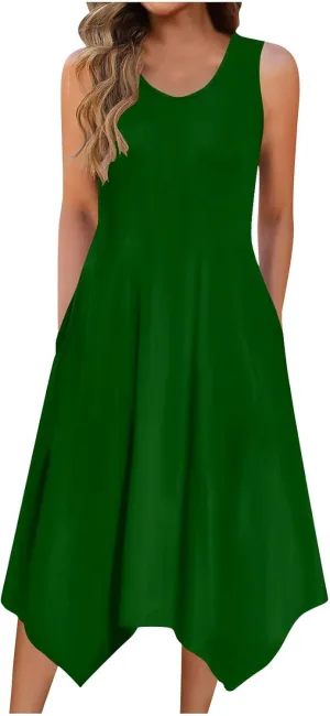 Women's Casual Summer Dress Sleeveless Loose Flowy Beach Tank Dress Hankerchief Flare Midi Sundress with Pockets