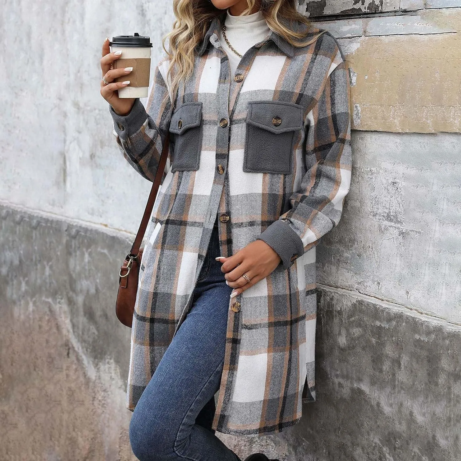 Women's Casual Wool Blend Long Plaid Trench Coat Shirt 2024 Fall Winter Trendy Tartan Button Down Lapel Jacket