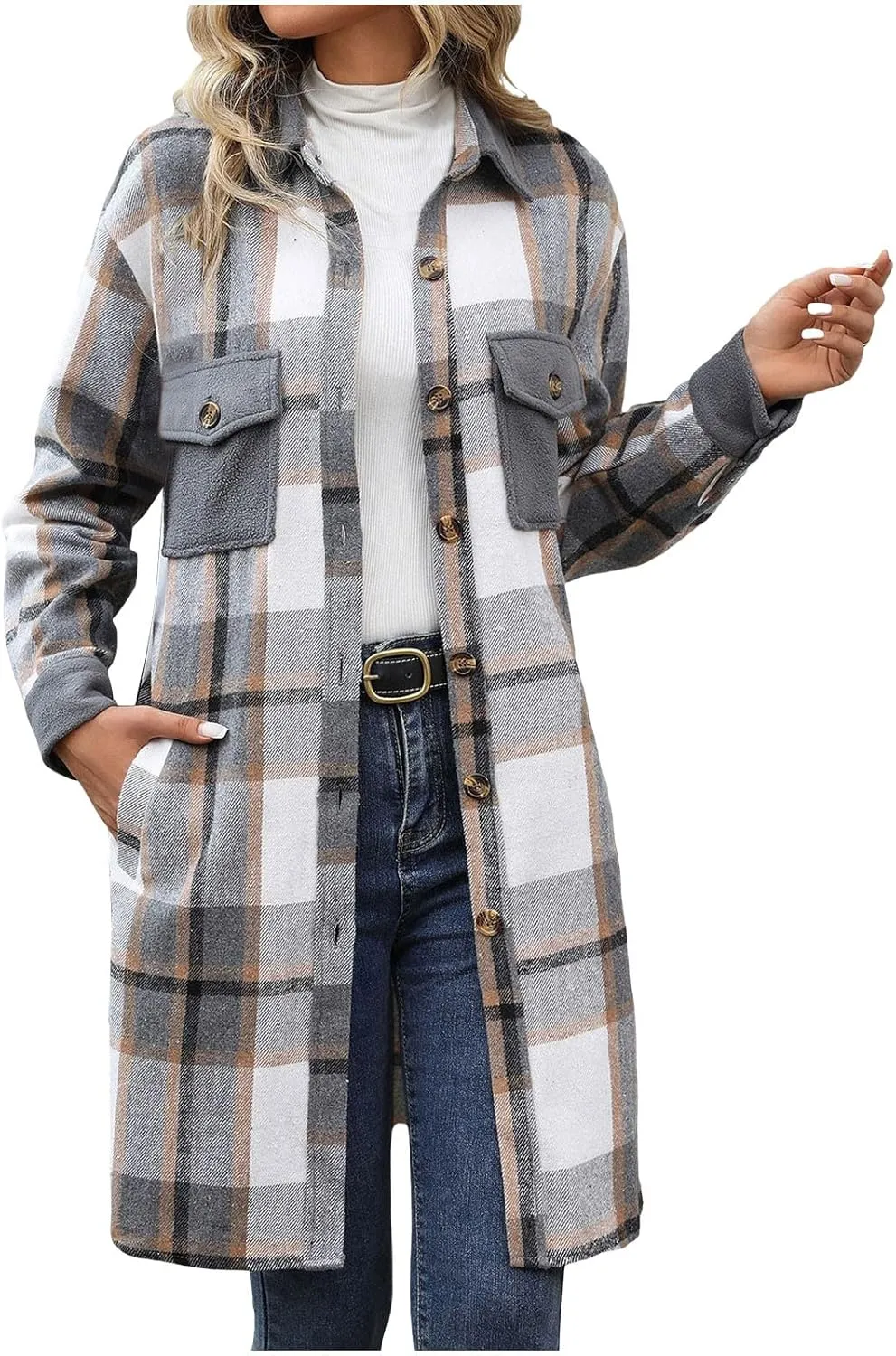 Women's Casual Wool Blend Long Plaid Trench Coat Shirt 2024 Fall Winter Trendy Tartan Button Down Lapel Jacket