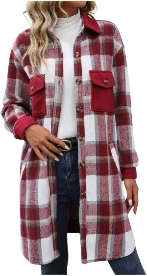Women's Casual Wool Blend Long Plaid Trench Coat Shirt 2024 Fall Winter Trendy Tartan Button Down Lapel Jacket