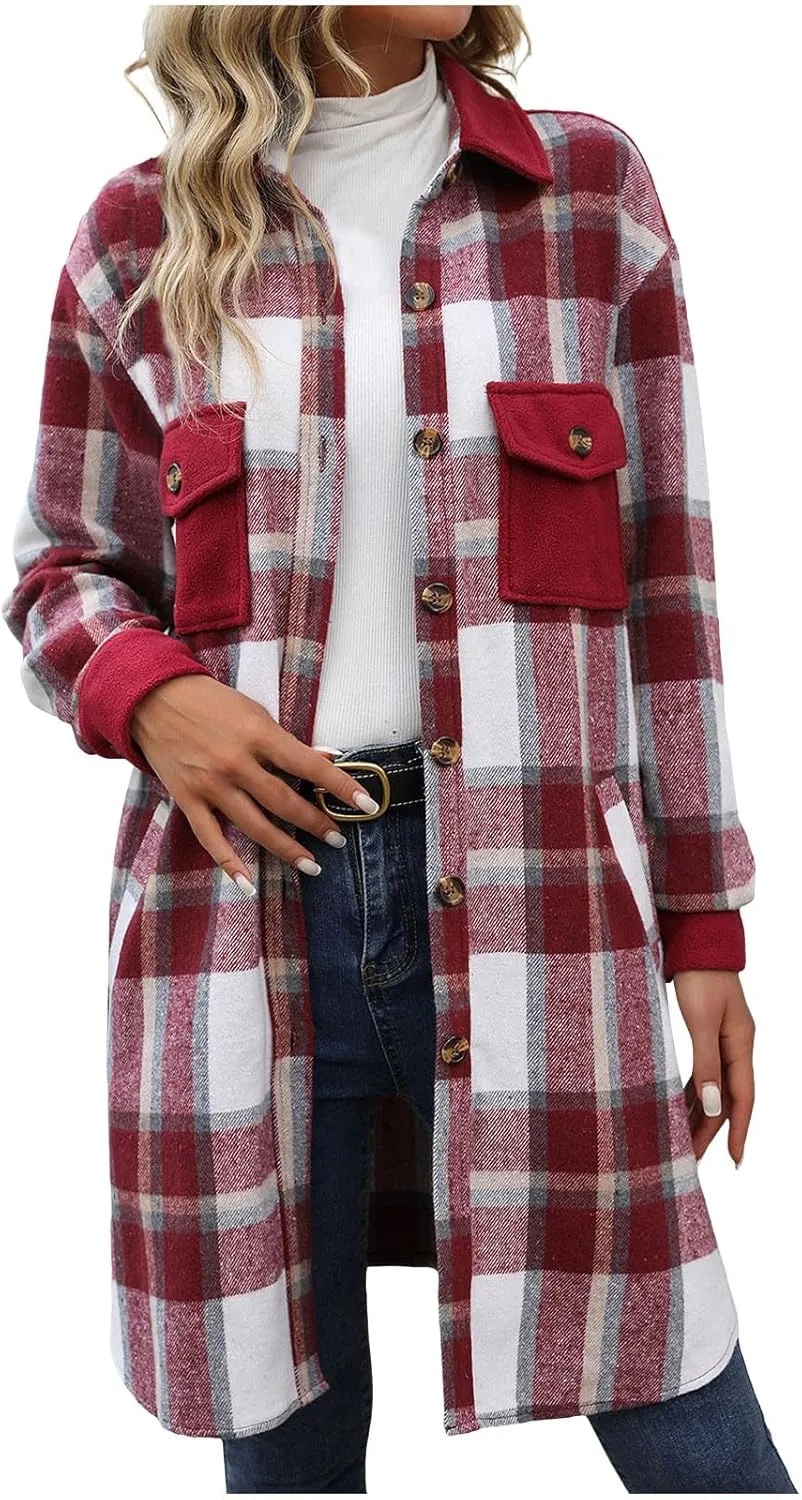 Women's Casual Wool Blend Long Plaid Trench Coat Shirt 2024 Fall Winter Trendy Tartan Button Down Lapel Jacket