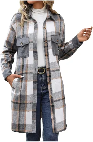 Women's Casual Wool Blend Long Plaid Trench Coat Shirt 2024 Fall Winter Trendy Tartan Button Down Lapel Jacket
