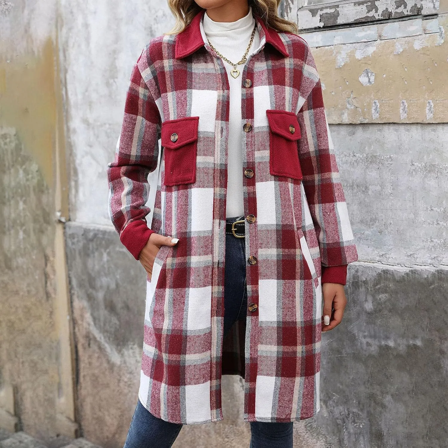 Women's Casual Wool Blend Long Plaid Trench Coat Shirt 2024 Fall Winter Trendy Tartan Button Down Lapel Jacket