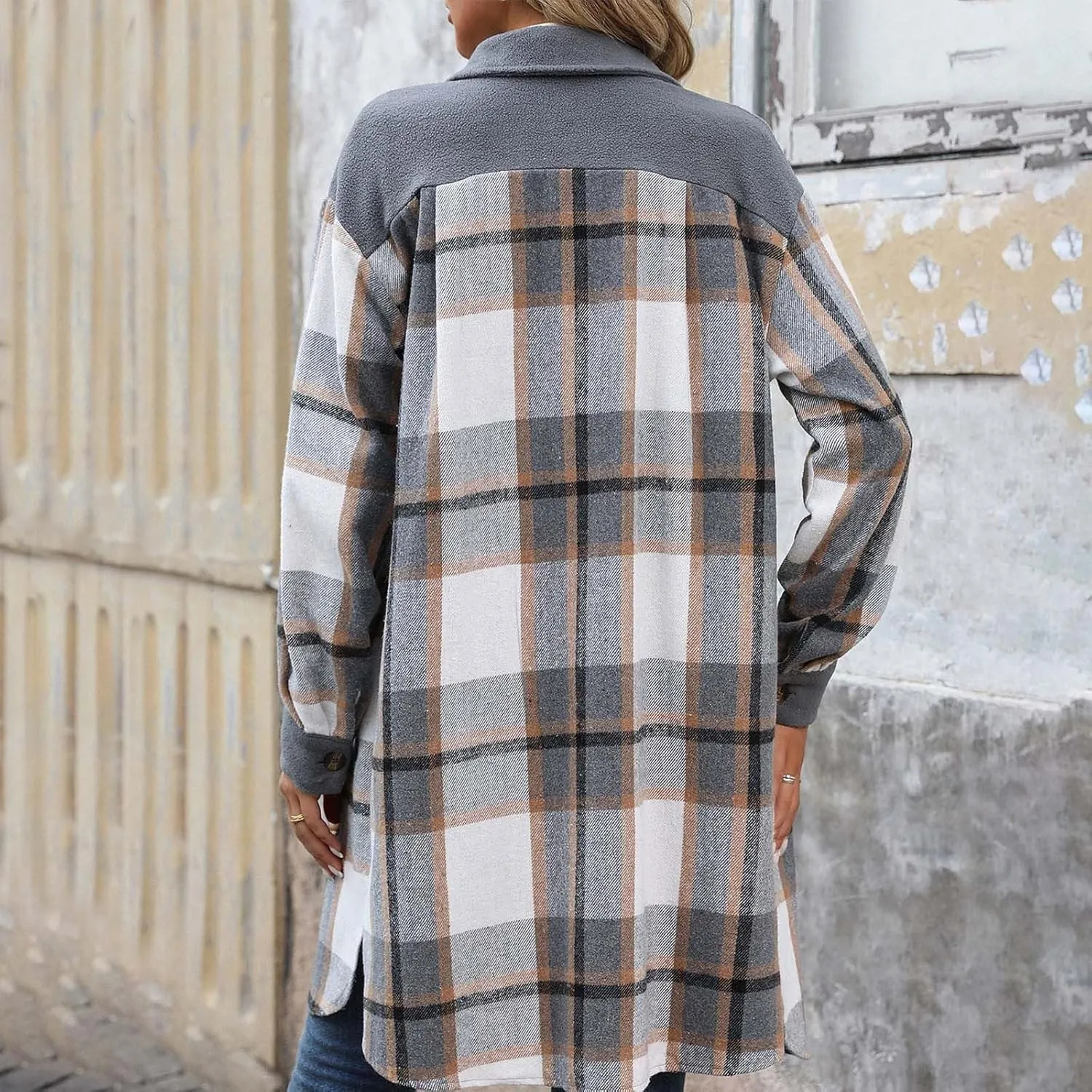 Women's Casual Wool Blend Long Plaid Trench Coat Shirt 2024 Fall Winter Trendy Tartan Button Down Lapel Jacket