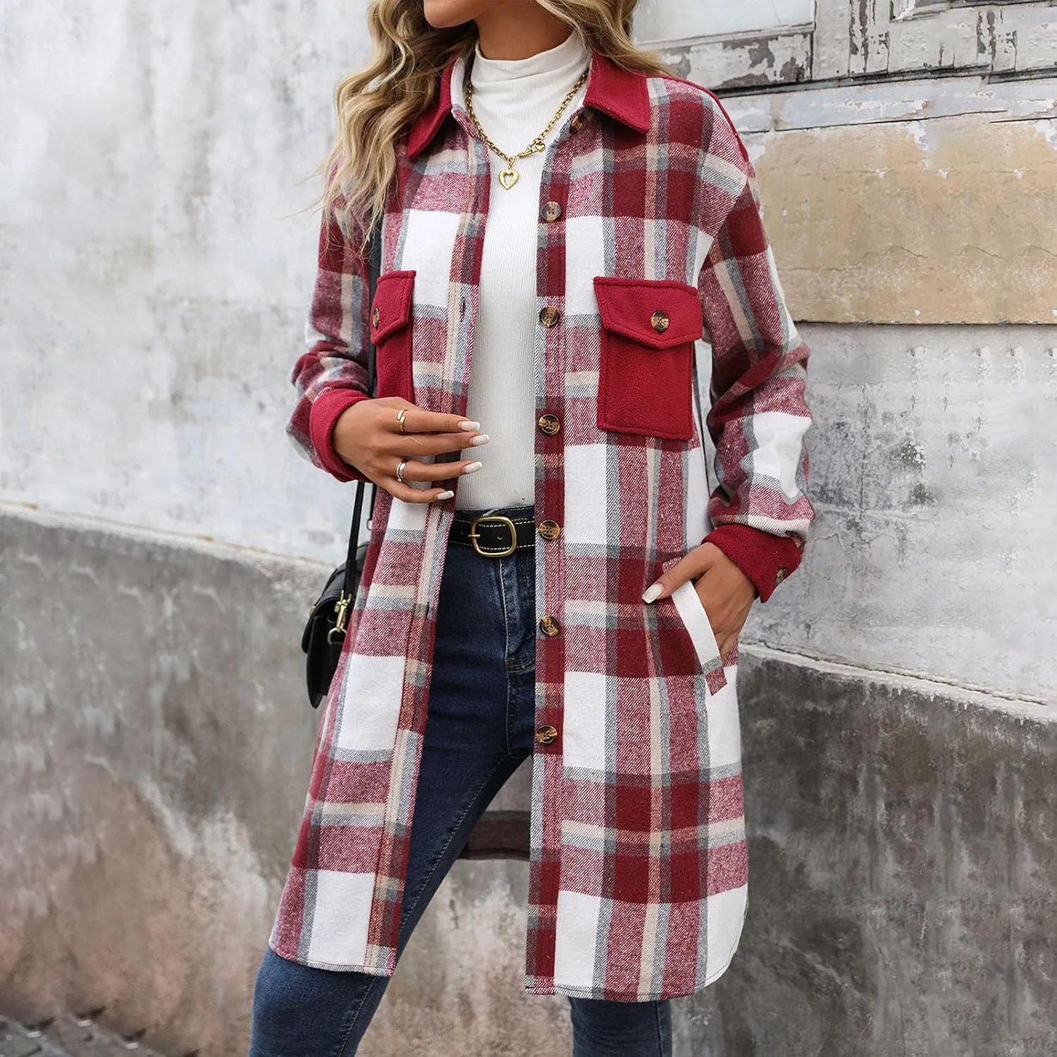 Women's Casual Wool Blend Long Plaid Trench Coat Shirt 2024 Fall Winter Trendy Tartan Button Down Lapel Jacket