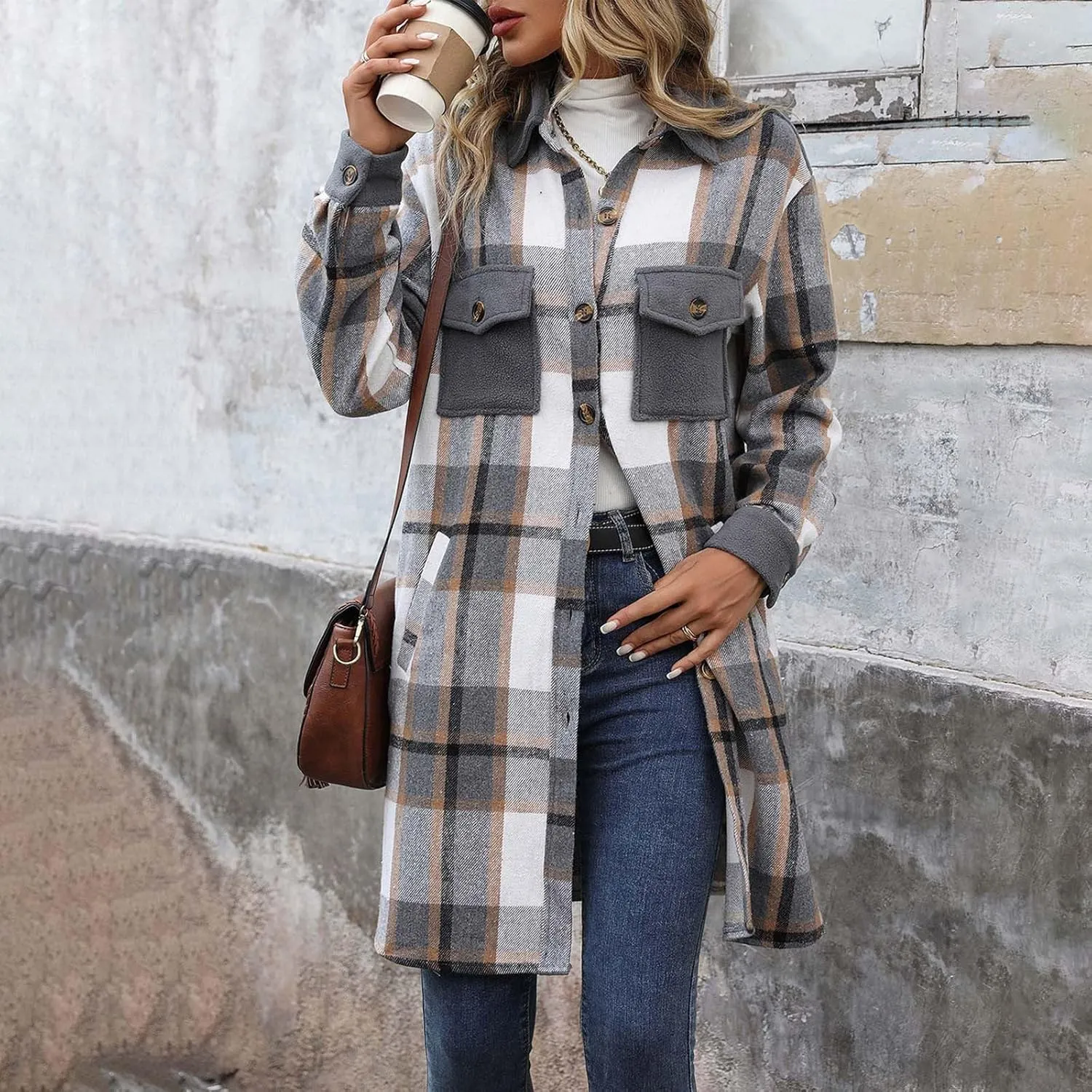 Women's Casual Wool Blend Long Plaid Trench Coat Shirt 2024 Fall Winter Trendy Tartan Button Down Lapel Jacket