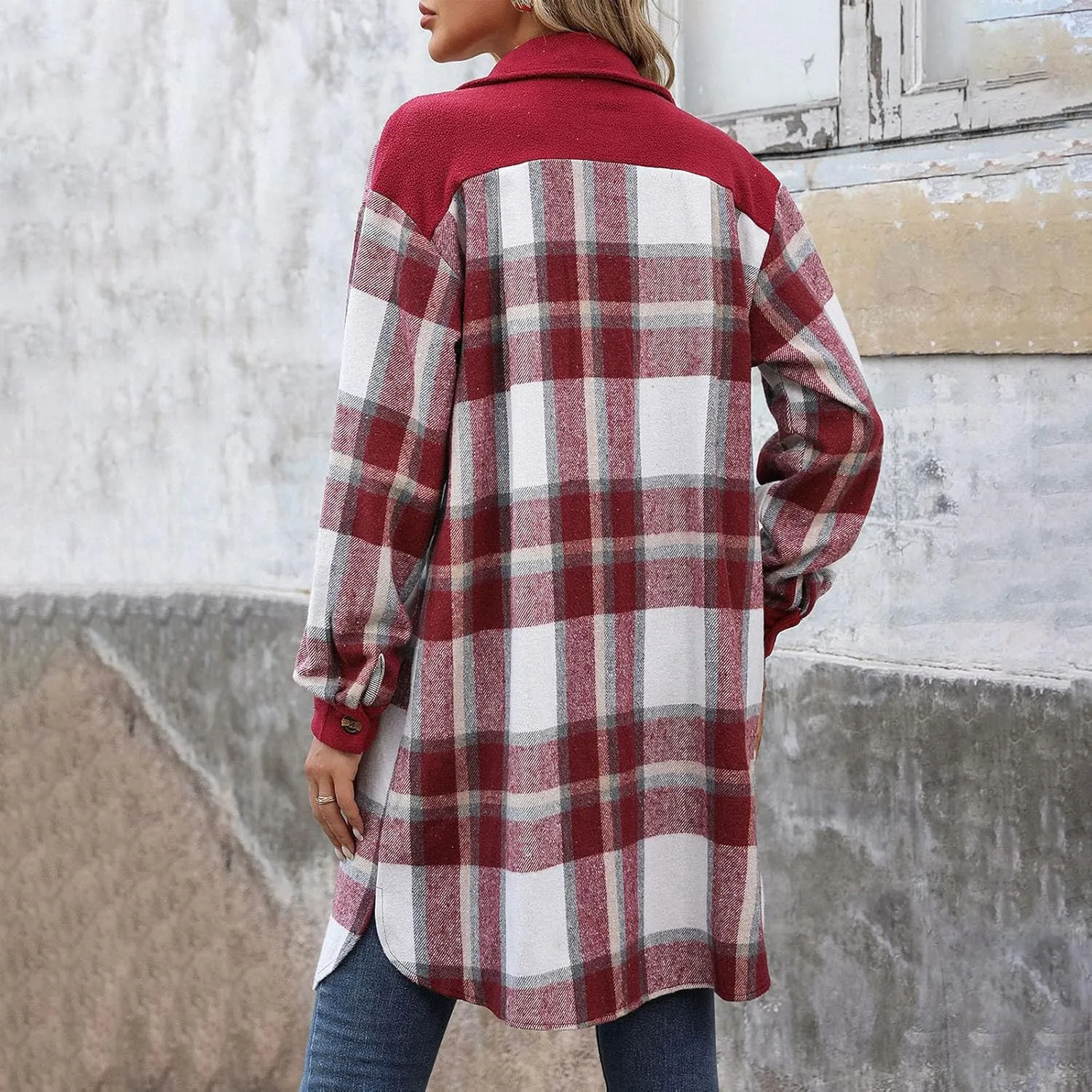 Women's Casual Wool Blend Long Plaid Trench Coat Shirt 2024 Fall Winter Trendy Tartan Button Down Lapel Jacket