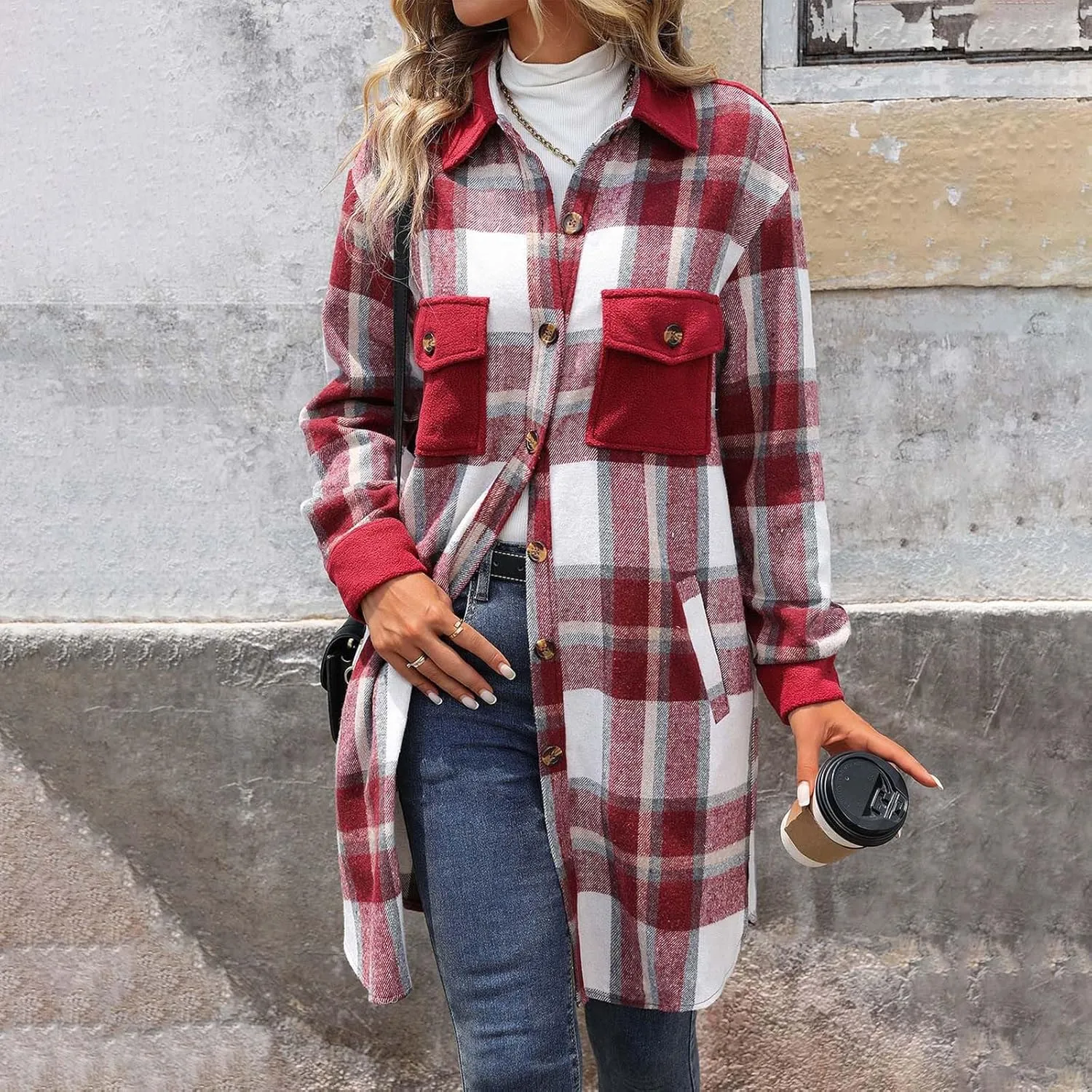 Women's Casual Wool Blend Long Plaid Trench Coat Shirt 2024 Fall Winter Trendy Tartan Button Down Lapel Jacket