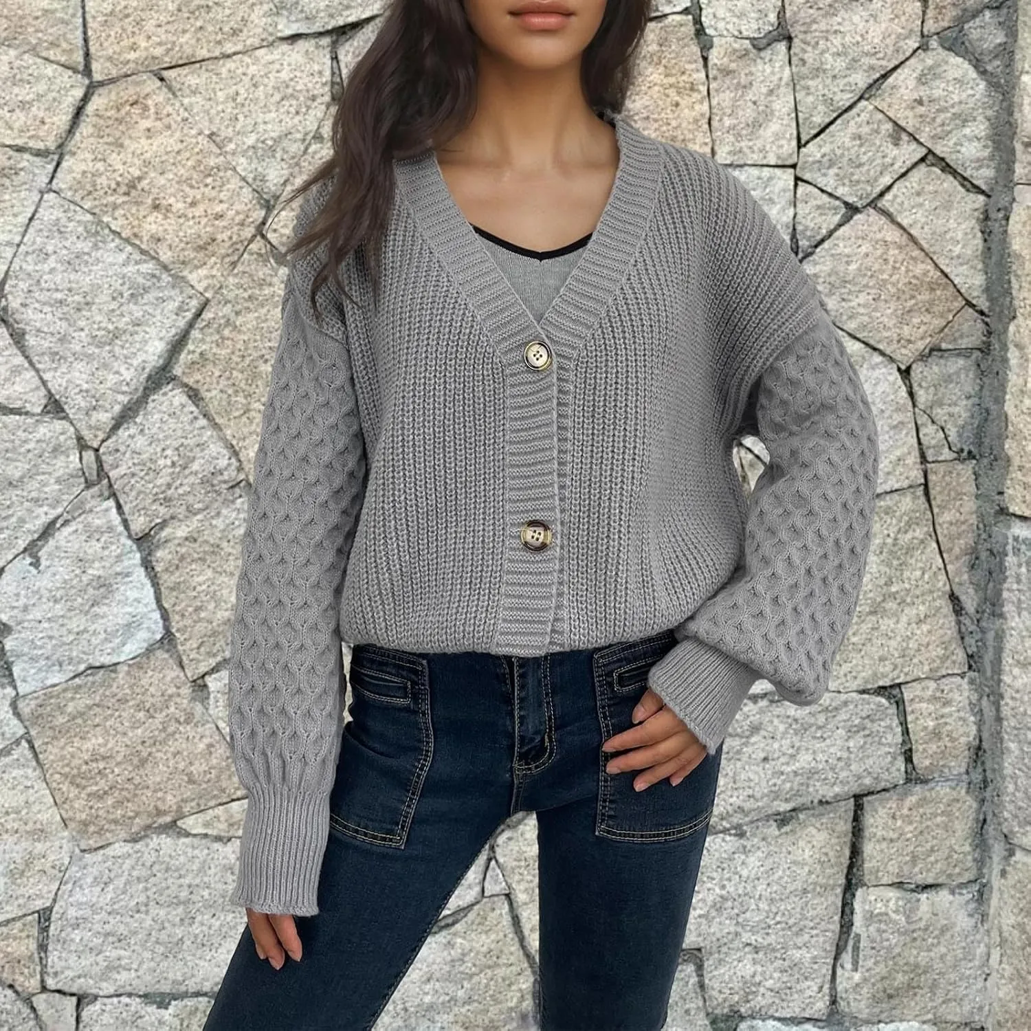 Women's Chunky Knit Open Front Sweater Long Sleeve Button Loose Short Cardigan 2024 Fall Winter Outerwear Coats