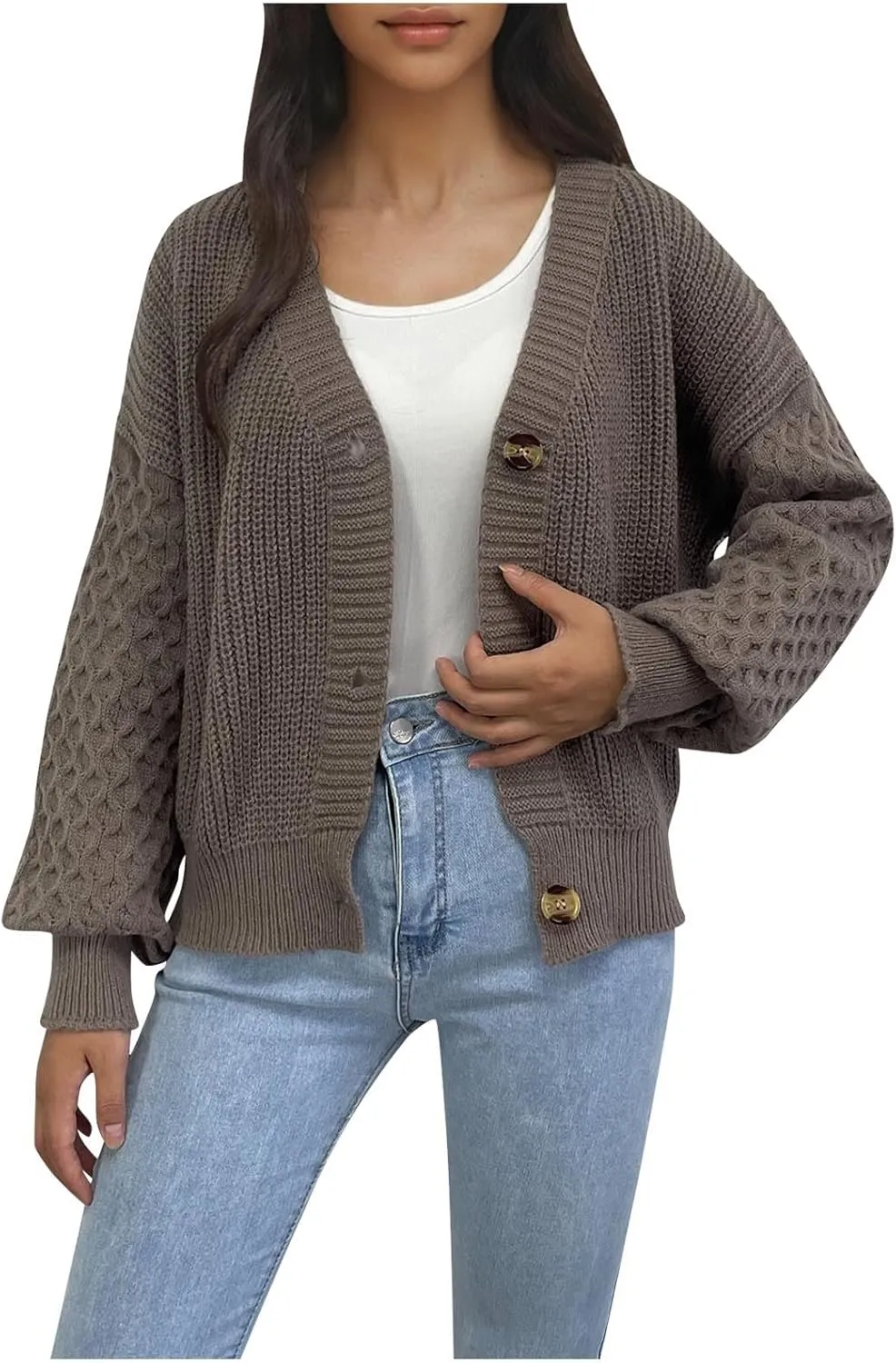 Women's Chunky Knit Open Front Sweater Long Sleeve Button Loose Short Cardigan 2024 Fall Winter Outerwear Coats
