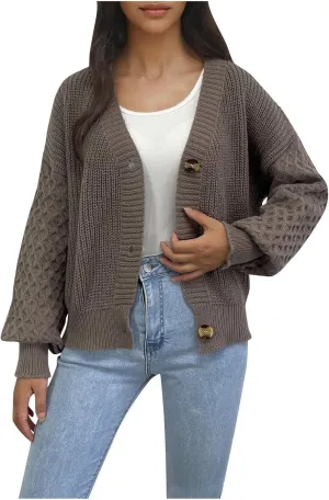 Women's Chunky Knit Open Front Sweater Long Sleeve Button Loose Short Cardigan 2024 Fall Winter Outerwear Coats