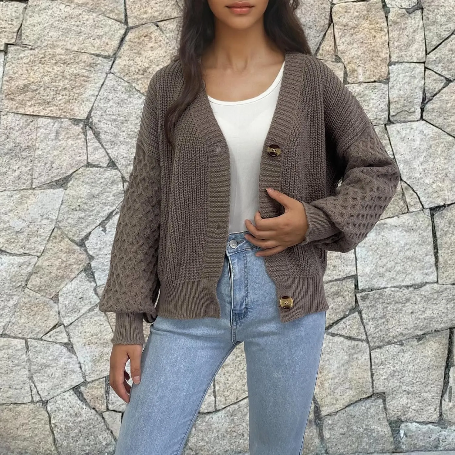 Women's Chunky Knit Open Front Sweater Long Sleeve Button Loose Short Cardigan 2024 Fall Winter Outerwear Coats
