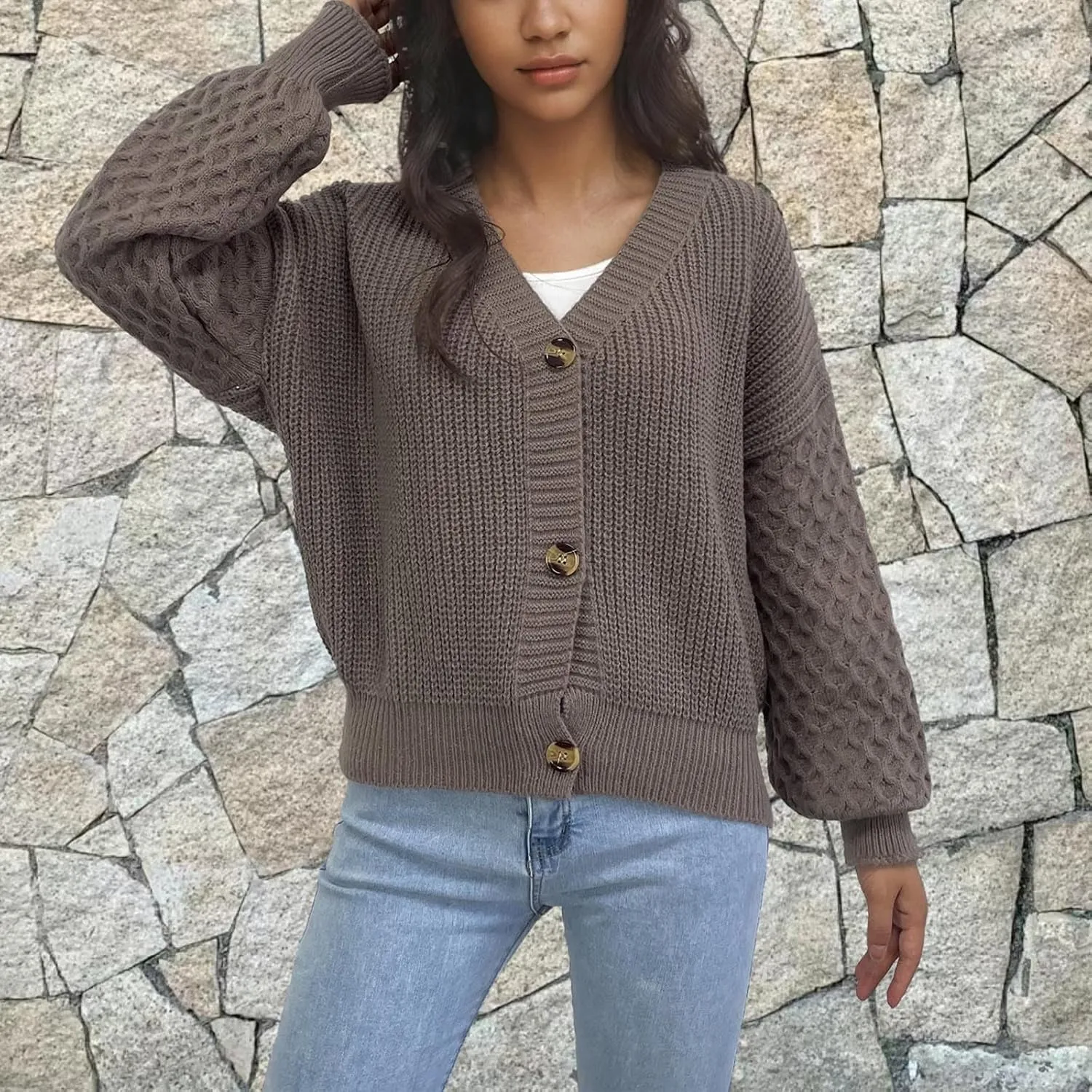 Women's Chunky Knit Open Front Sweater Long Sleeve Button Loose Short Cardigan 2024 Fall Winter Outerwear Coats