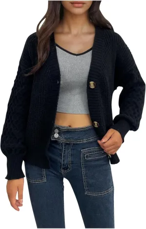 Women's Chunky Knit Open Front Sweater Long Sleeve Button Loose Short Cardigan 2024 Fall Winter Outerwear Coats