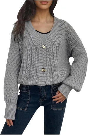 Women's Chunky Knit Open Front Sweater Long Sleeve Button Loose Short Cardigan 2024 Fall Winter Outerwear Coats