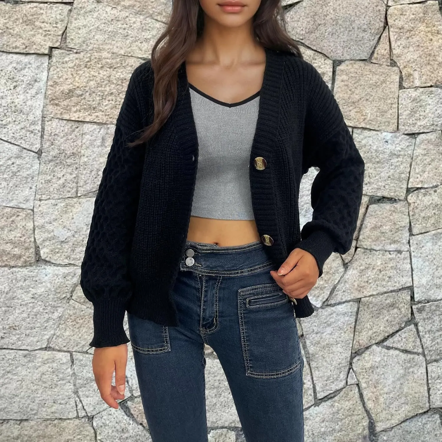 Women's Chunky Knit Open Front Sweater Long Sleeve Button Loose Short Cardigan 2024 Fall Winter Outerwear Coats