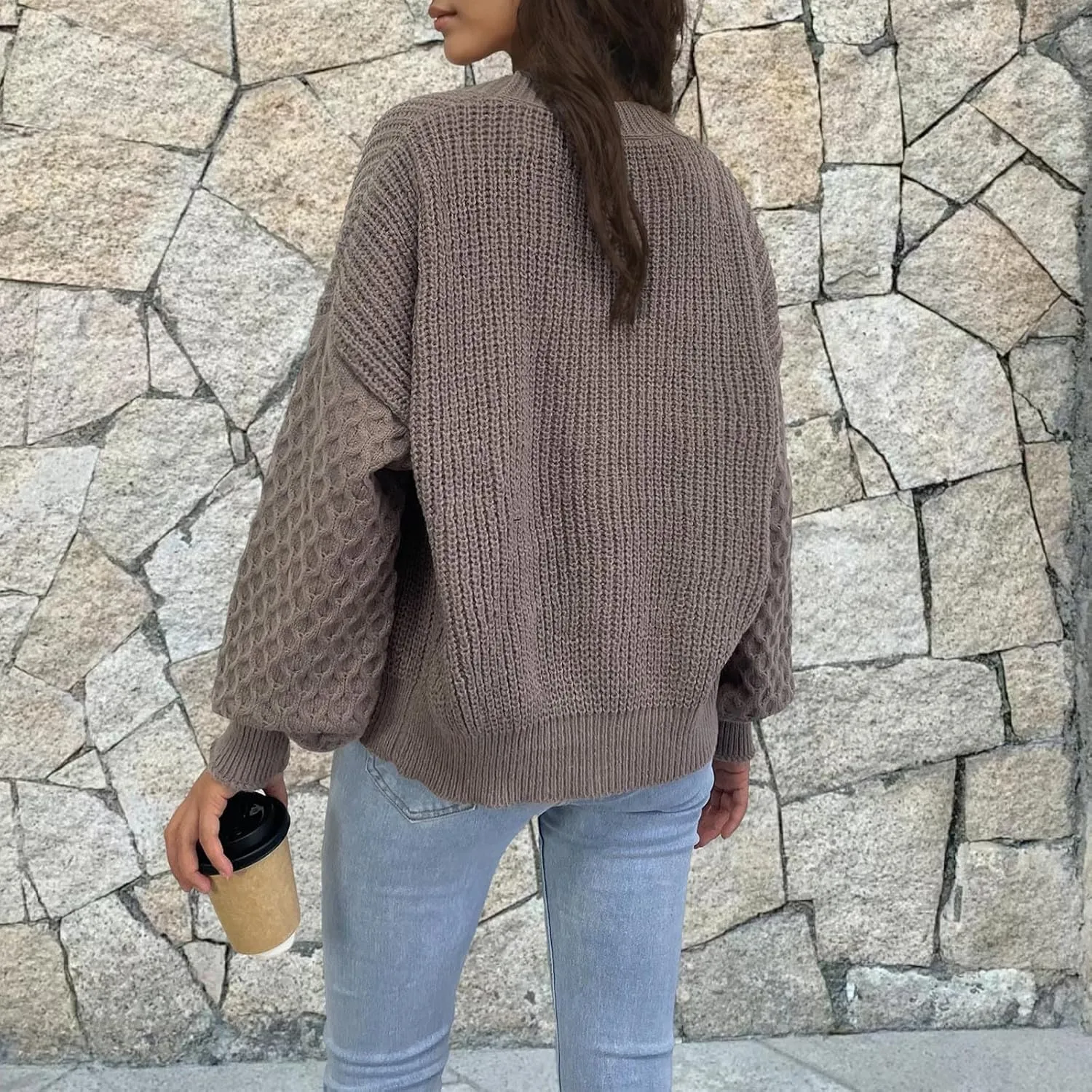 Women's Chunky Knit Open Front Sweater Long Sleeve Button Loose Short Cardigan 2024 Fall Winter Outerwear Coats