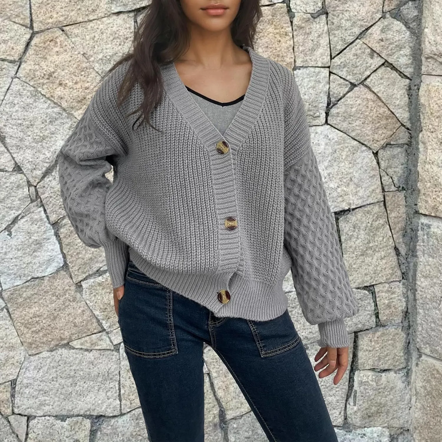 Women's Chunky Knit Open Front Sweater Long Sleeve Button Loose Short Cardigan 2024 Fall Winter Outerwear Coats
