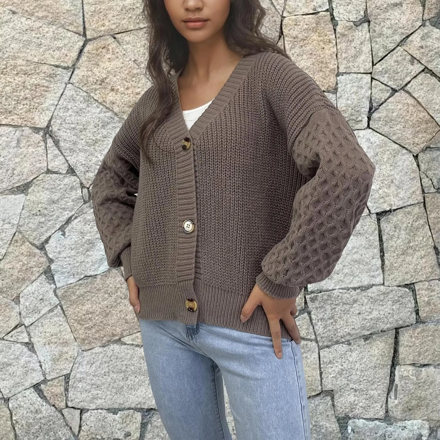 Women's Chunky Knit Open Front Sweater Long Sleeve Button Loose Short Cardigan 2024 Fall Winter Outerwear Coats