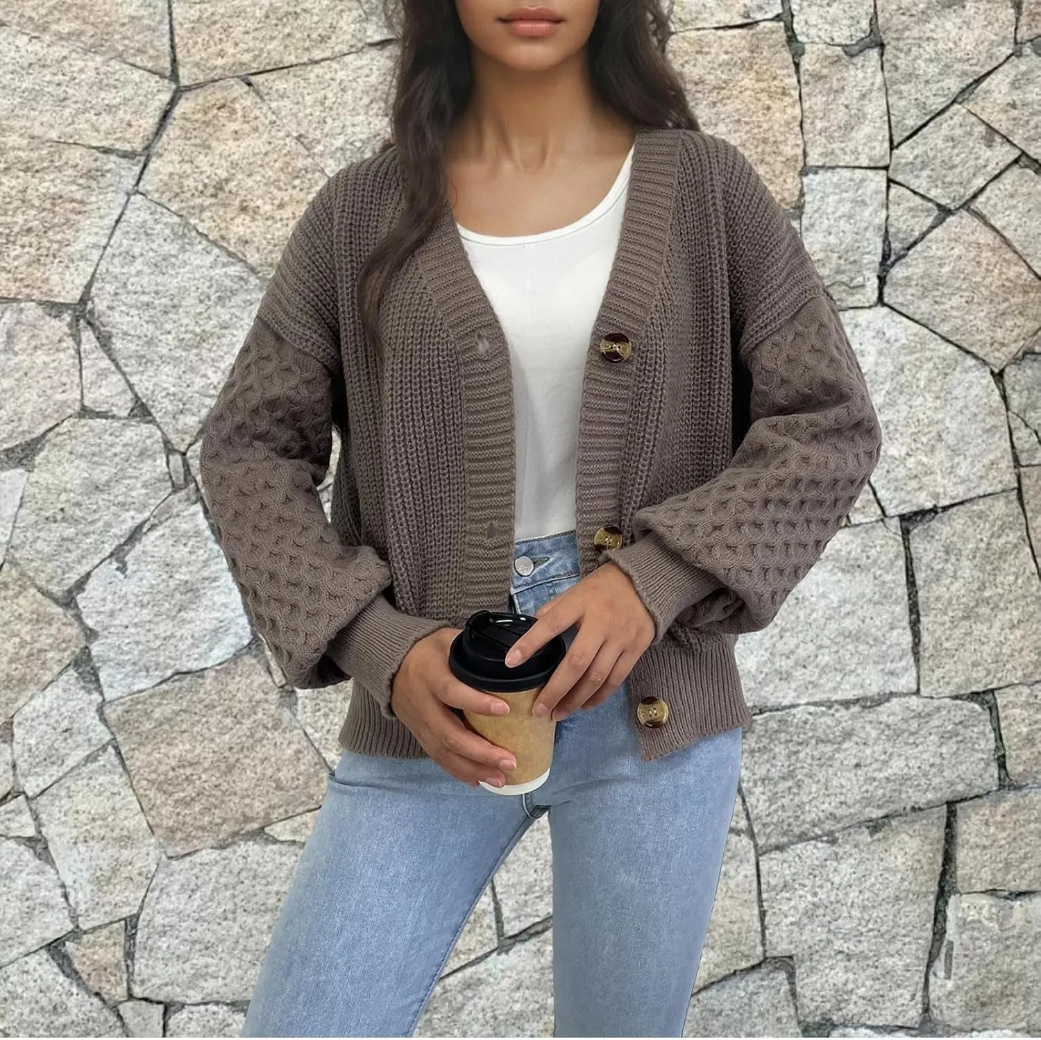 Women's Chunky Knit Open Front Sweater Long Sleeve Button Loose Short Cardigan 2024 Fall Winter Outerwear Coats