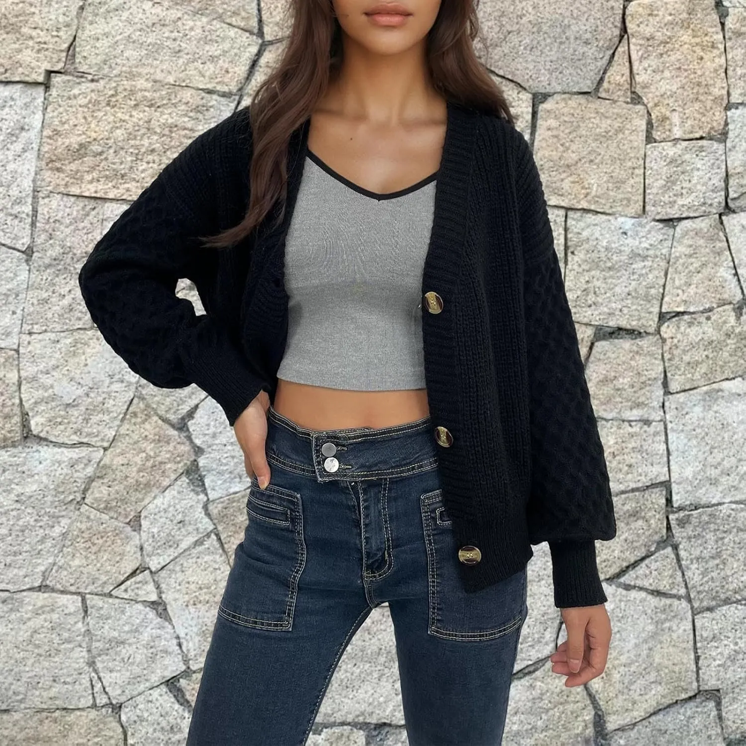 Women's Chunky Knit Open Front Sweater Long Sleeve Button Loose Short Cardigan 2024 Fall Winter Outerwear Coats