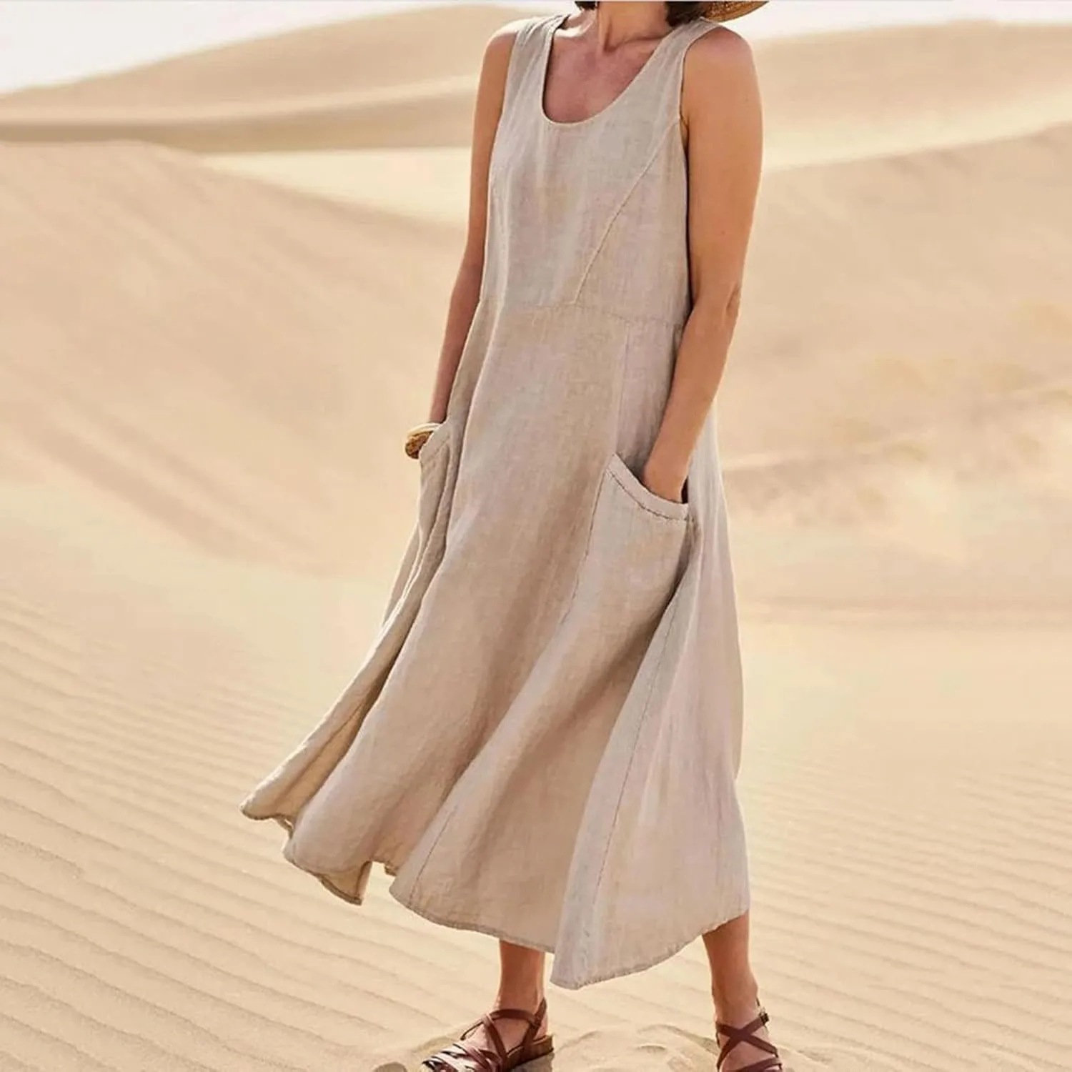 Womens Cotton Linen Sleeveless Maxi Dress Summer Flowy Dresses with Pockets Maxi Sundresses Beach Vacation Outfits