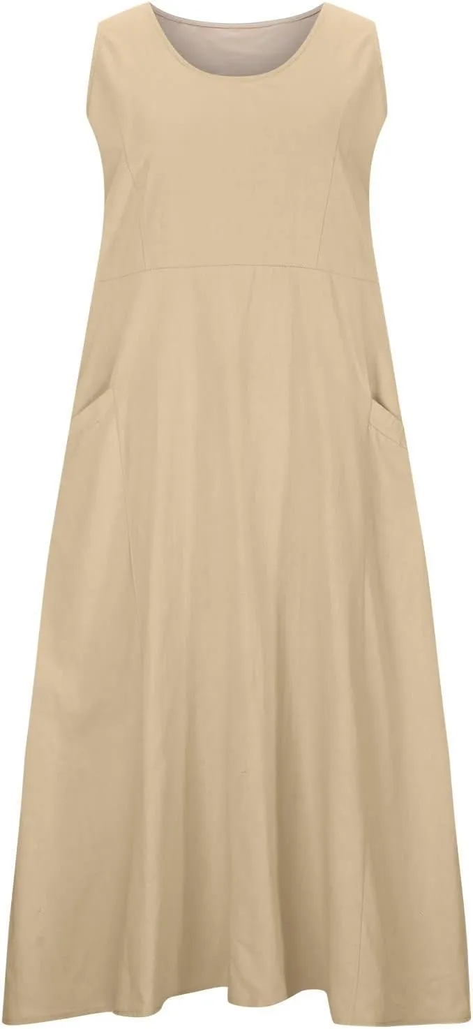 Womens Cotton Linen Sleeveless Maxi Dress Summer Flowy Dresses with Pockets Maxi Sundresses Beach Vacation Outfits