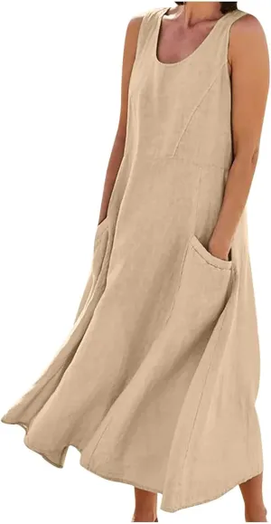 Womens Cotton Linen Sleeveless Maxi Dress Summer Flowy Dresses with Pockets Maxi Sundresses Beach Vacation Outfits