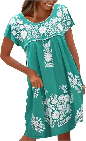 Women's Dresses Summer Casual Loose Printed Dress 2024 Swing Round Neck Short Sleeve Dresses Plus Size, S-5XL