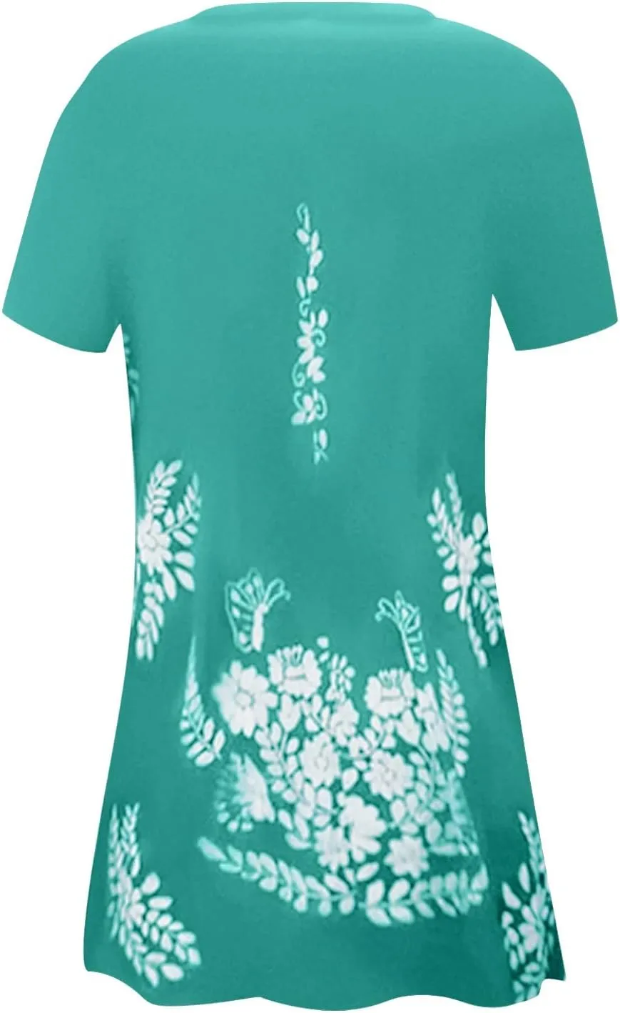 Women's Dresses Summer Casual Loose Printed Dress 2024 Swing Round Neck Short Sleeve Dresses Plus Size, S-5XL