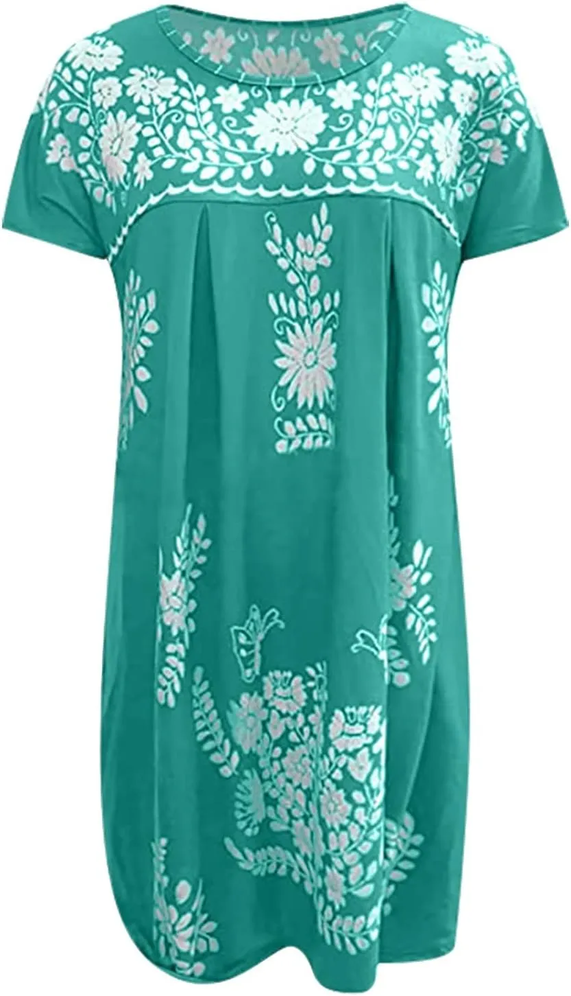 Women's Dresses Summer Casual Loose Printed Dress 2024 Swing Round Neck Short Sleeve Dresses Plus Size, S-5XL