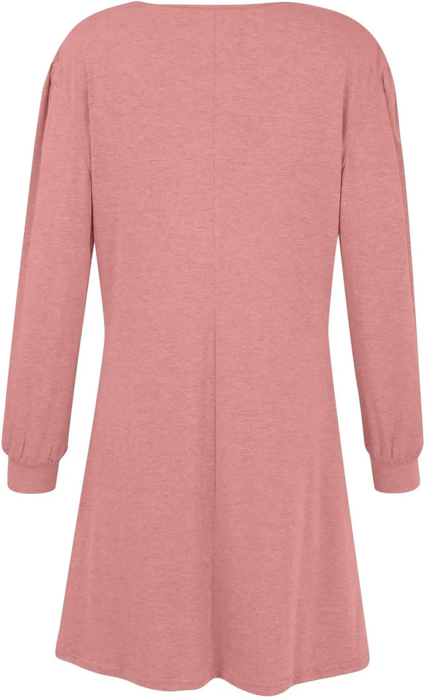 Women's Fall Casual Trendy Long Sleeve Crew Solid Button Midi Sun Dresses,S-3XL