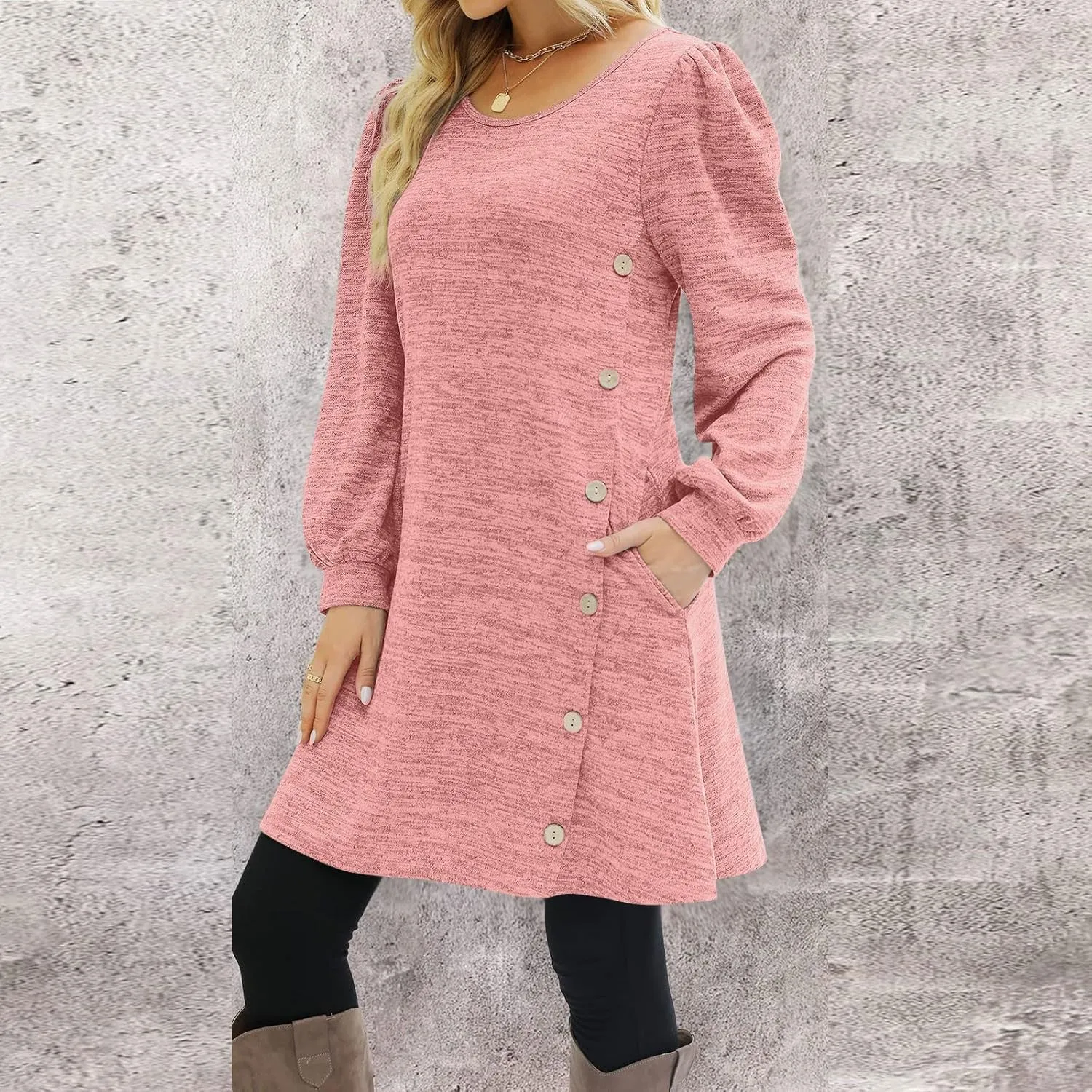 Women's Fall Casual Trendy Long Sleeve Crew Solid Button Midi Sun Dresses,S-3XL