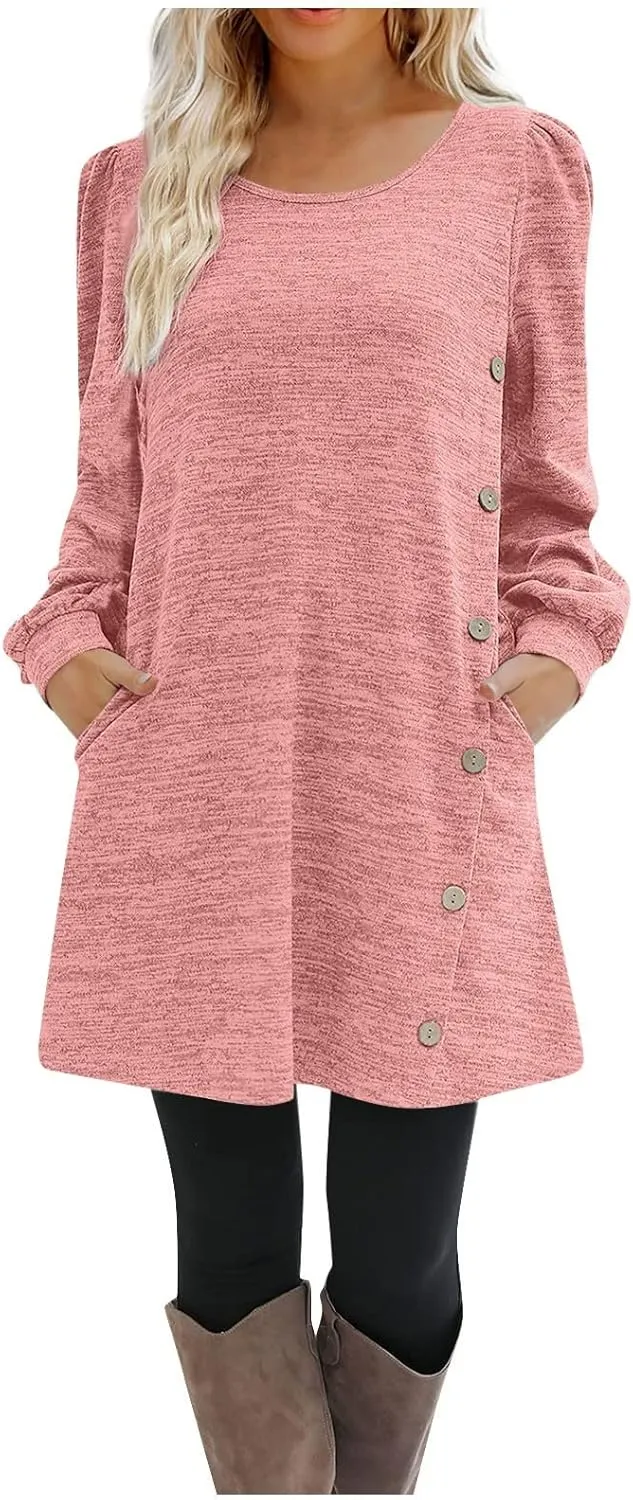 Women's Fall Casual Trendy Long Sleeve Crew Solid Button Midi Sun Dresses,S-3XL