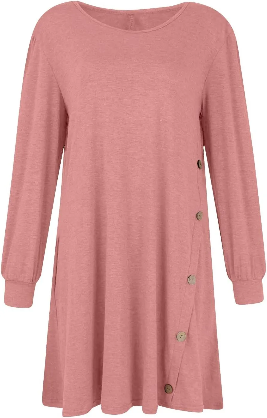 Women's Fall Casual Trendy Long Sleeve Crew Solid Button Midi Sun Dresses,S-3XL