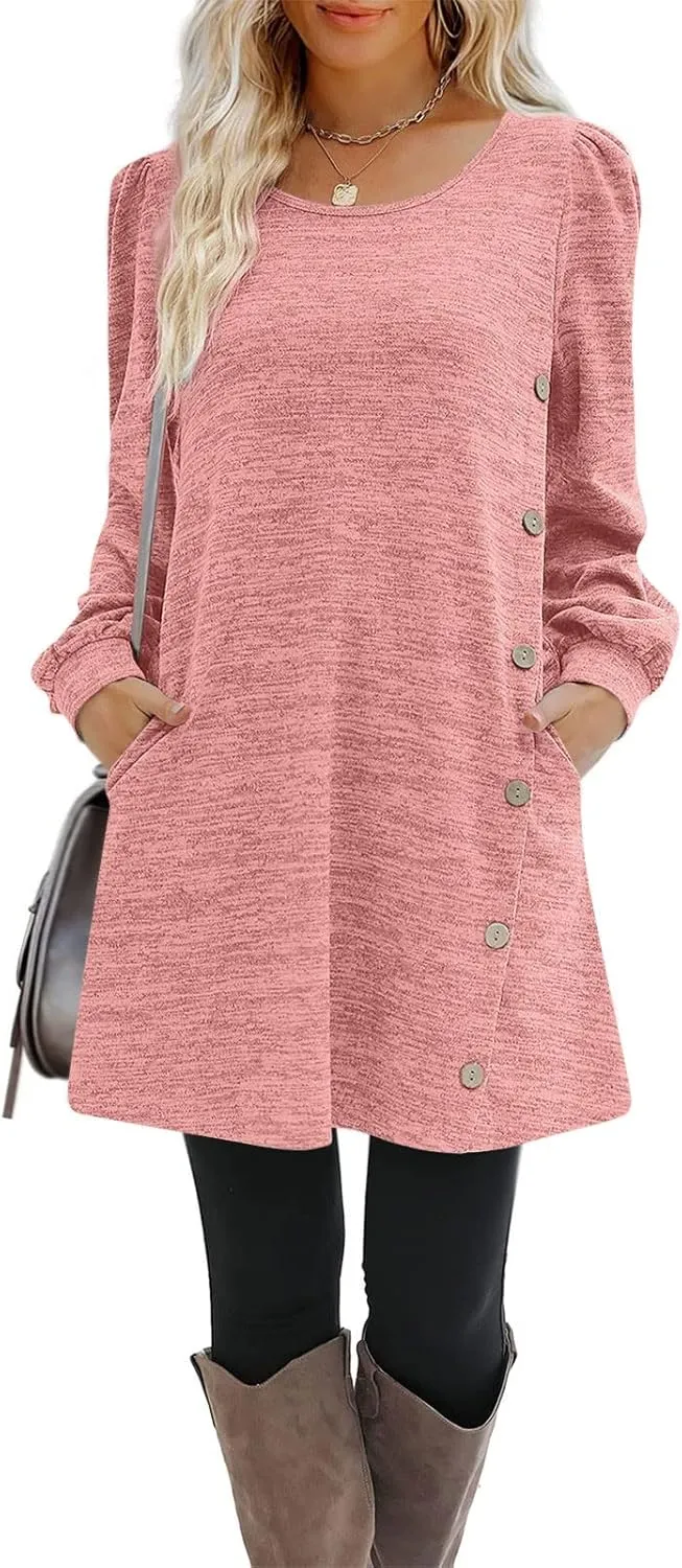 Women's Fall Casual Trendy Long Sleeve Crew Solid Button Midi Sun Dresses,S-3XL