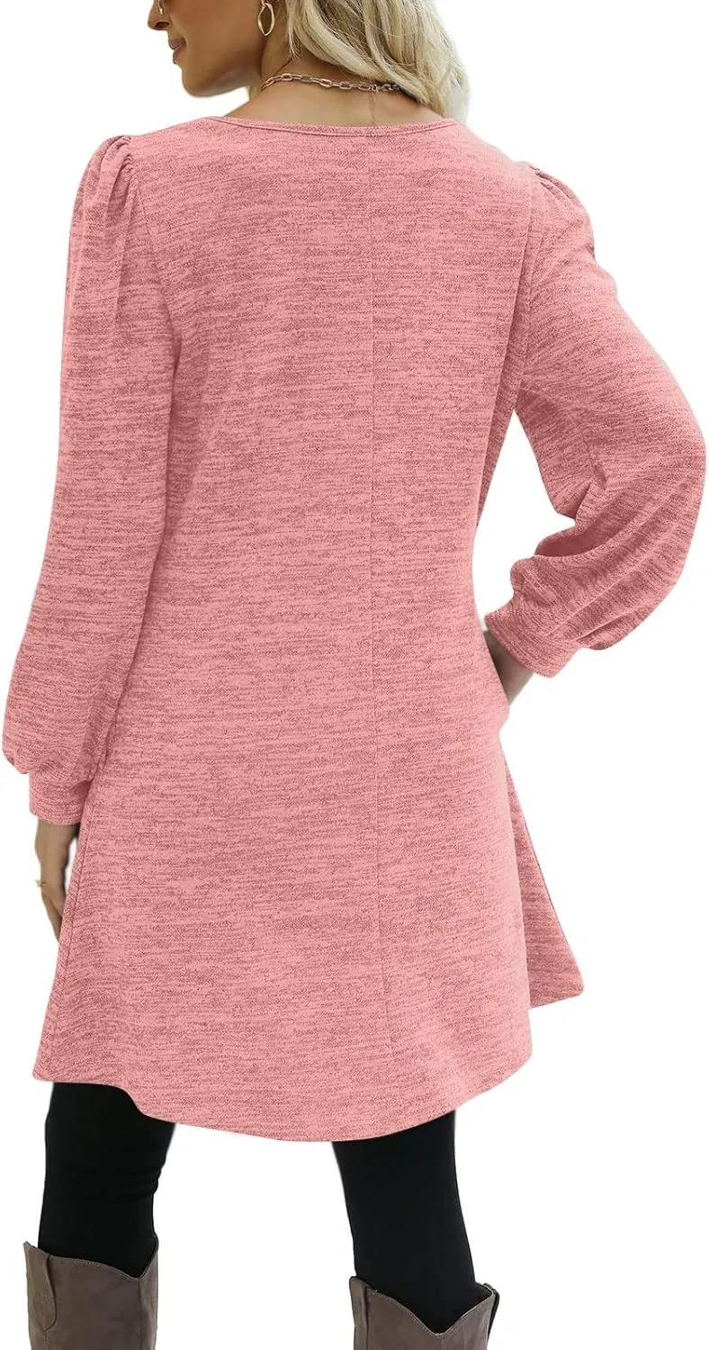 Women's Fall Casual Trendy Long Sleeve Crew Solid Button Midi Sun Dresses,S-3XL