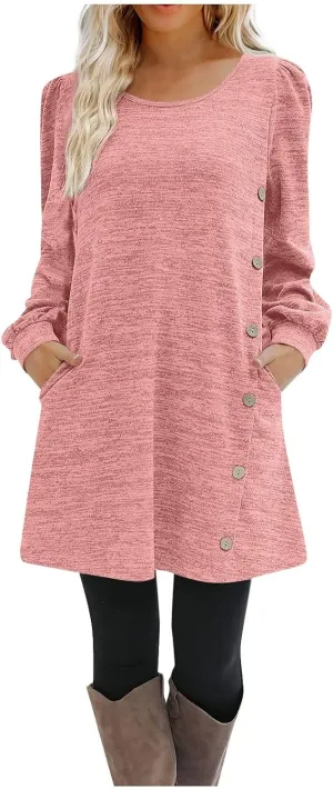 Women's Fall Casual Trendy Long Sleeve Crew Solid Button Midi Sun Dresses,S-3XL