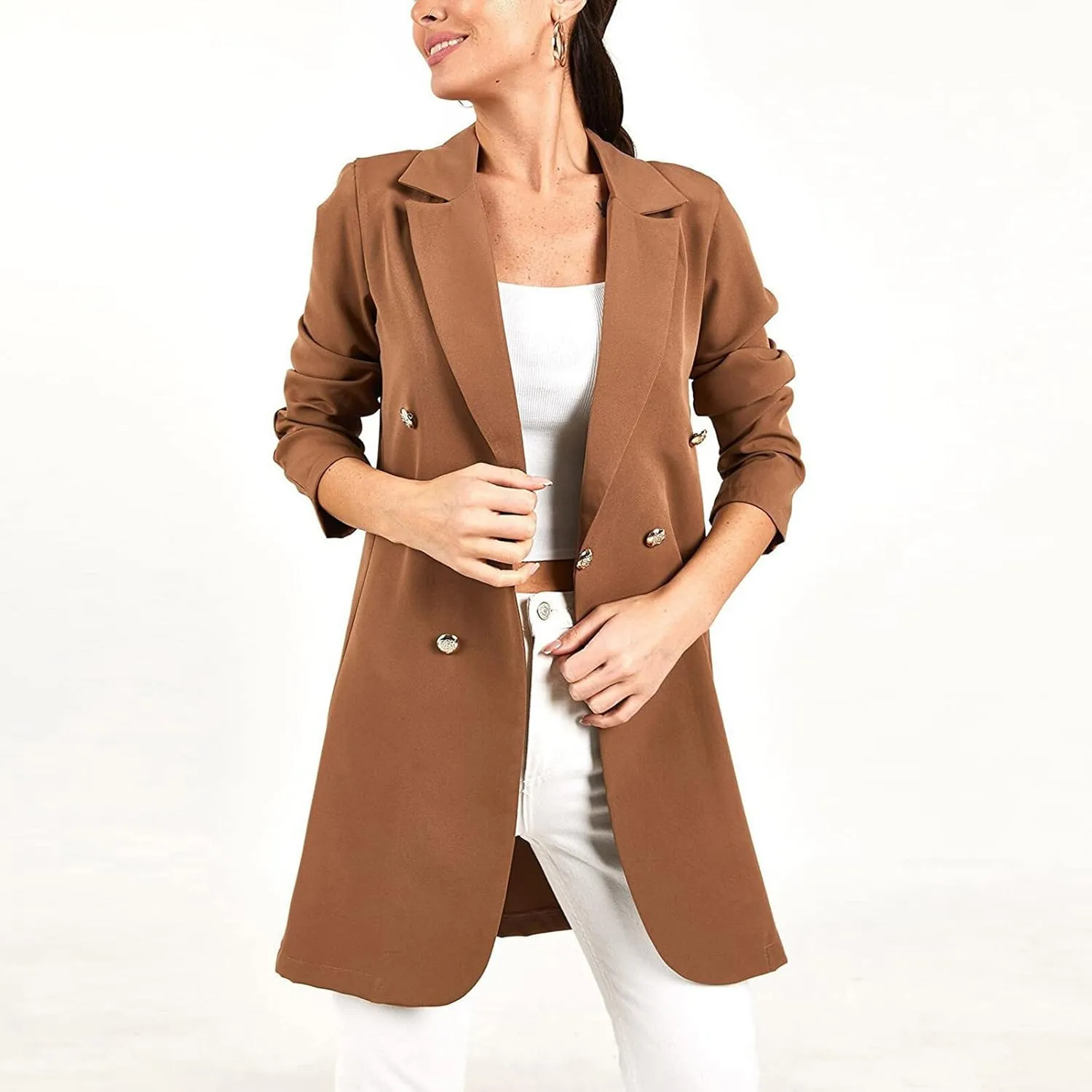 Womens Fashion Lapel Collar Long Sleeve Open Front Button Blazer Jackets Business Casual Trench Cardigan Long Suit Coat