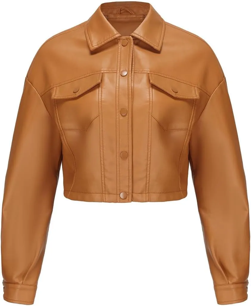 Women's Faux Leather Jacket Zip Up Cropped Bomber Jacket Moto Biker Motorcycle Jackets Fall Fashion Y2k Clothes 2024