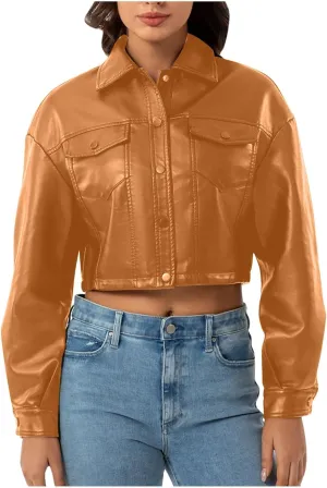 Women's Faux Leather Jacket Zip Up Cropped Bomber Jacket Moto Biker Motorcycle Jackets Fall Fashion Y2k Clothes 2024