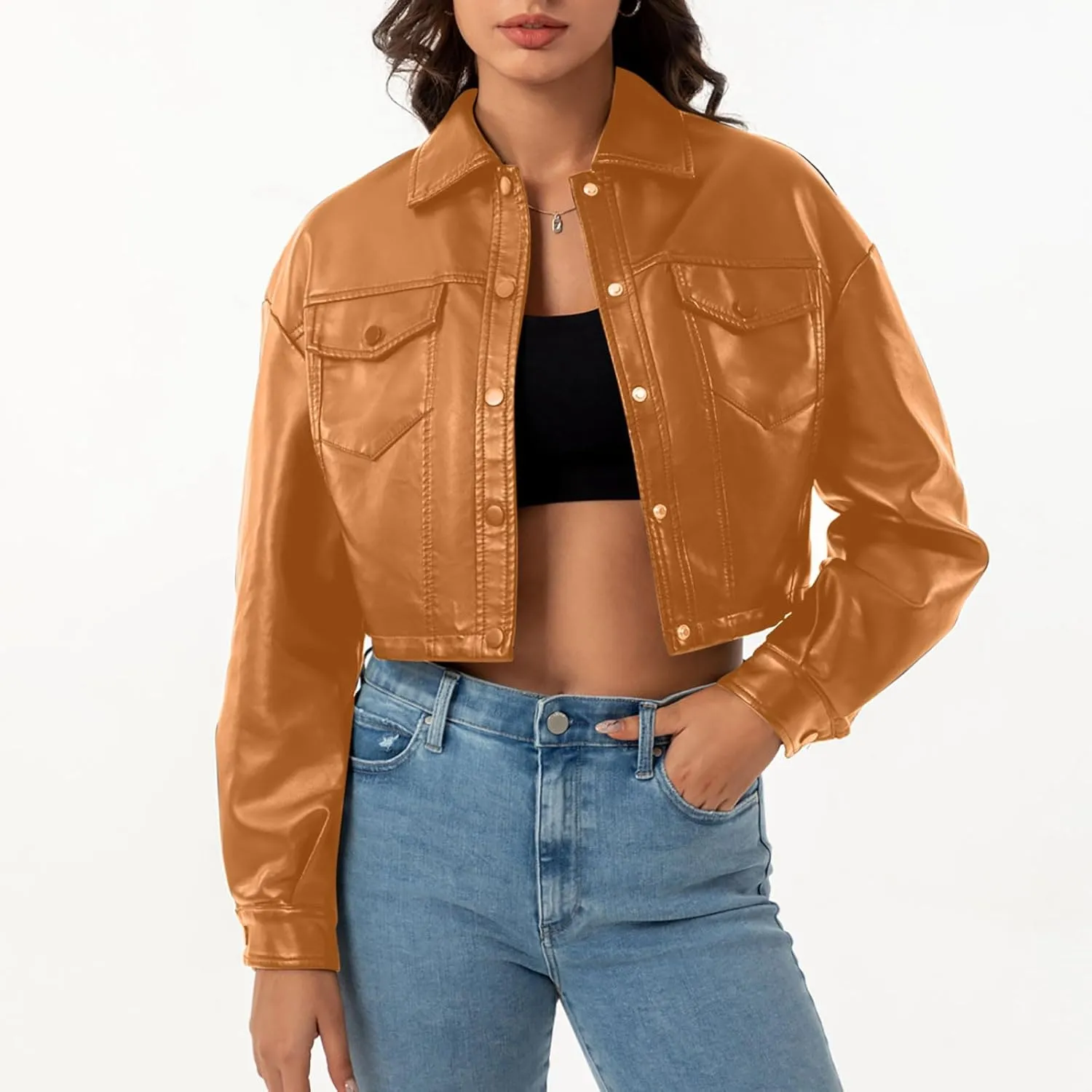 Women's Faux Leather Jacket Zip Up Cropped Bomber Jacket Moto Biker Motorcycle Jackets Fall Fashion Y2k Clothes 2024