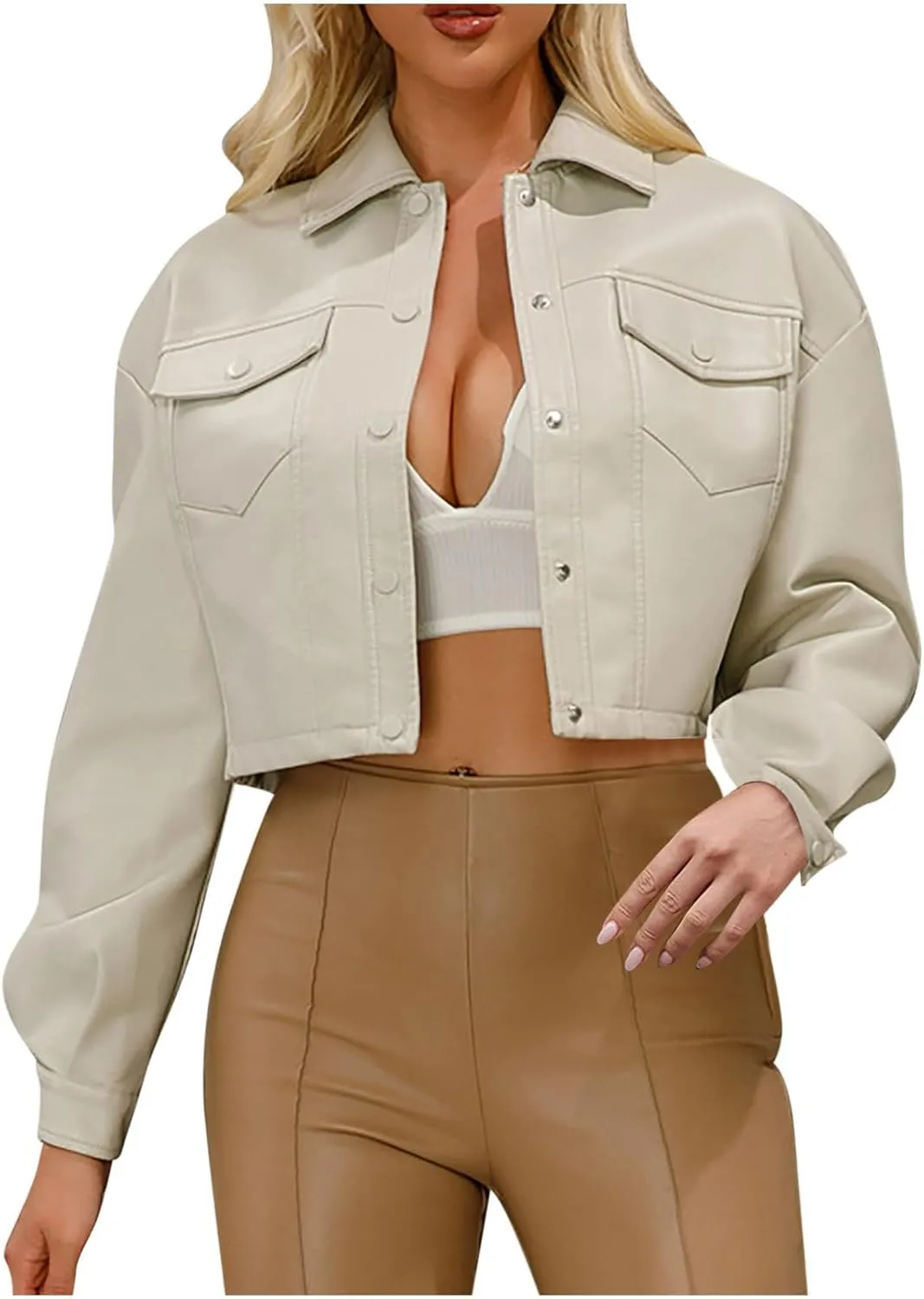 Women's Faux Leather Jacket Zip Up Cropped Bomber Jacket Moto Biker Motorcycle Jackets Fall Fashion Y2k Clothes 2024
