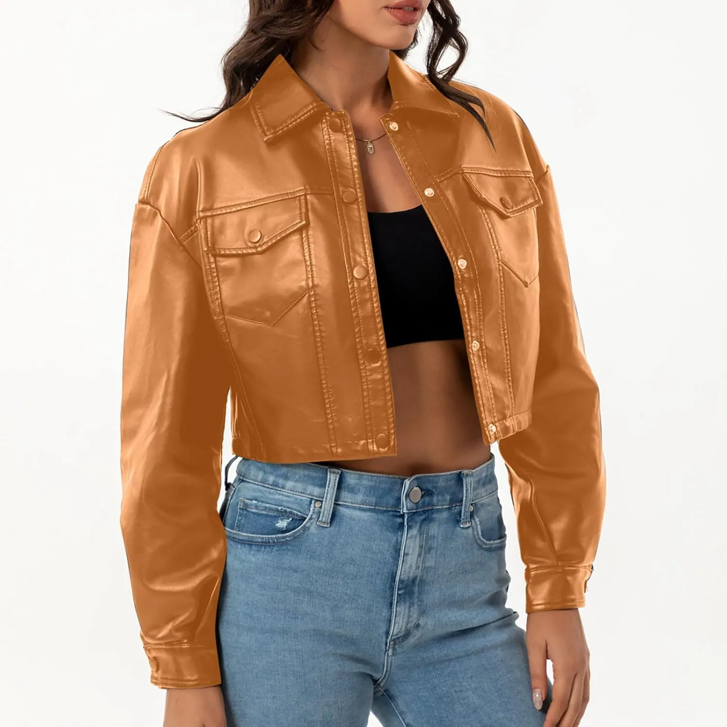 Women's Faux Leather Jacket Zip Up Cropped Bomber Jacket Moto Biker Motorcycle Jackets Fall Fashion Y2k Clothes 2024