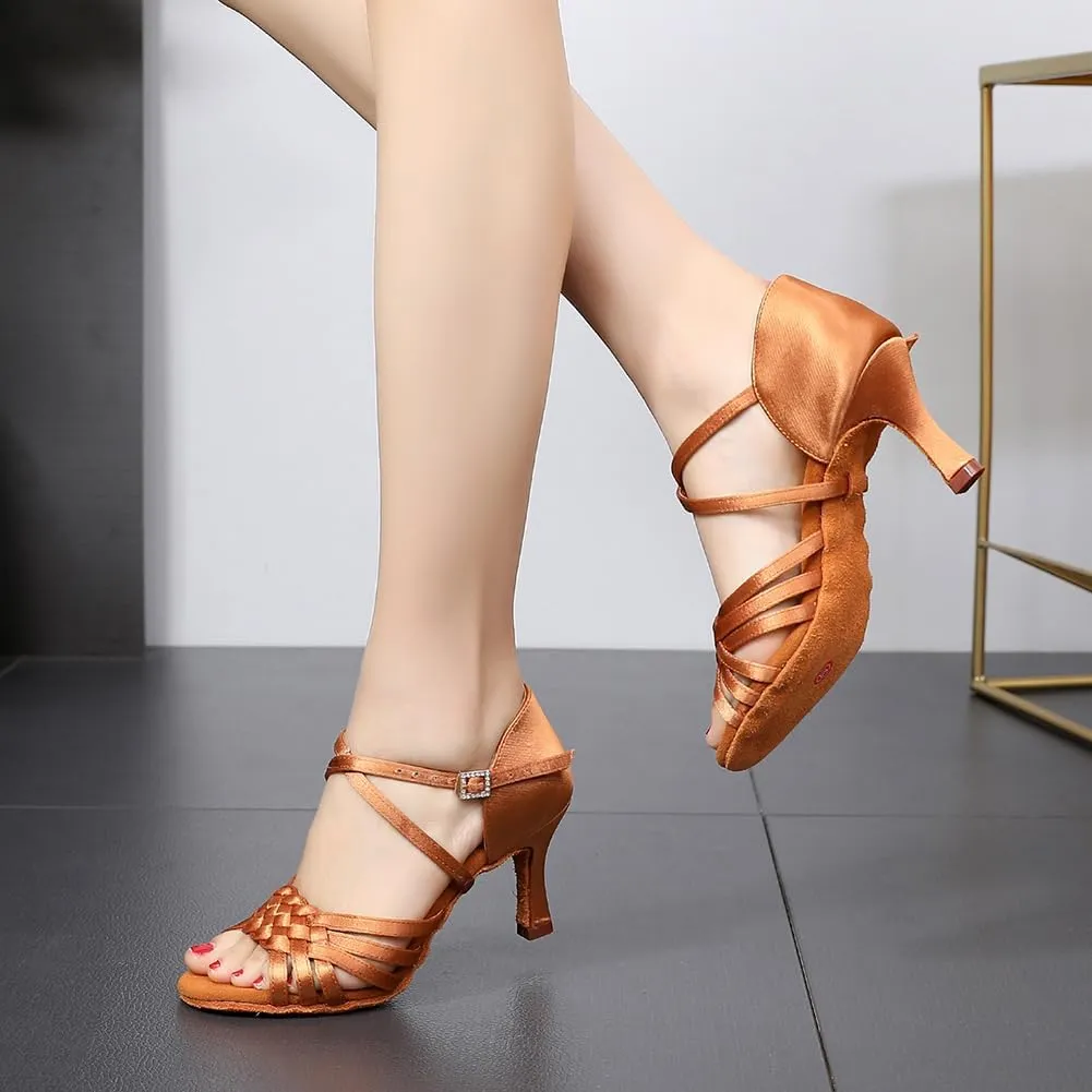 Women's Latin Dance Shoes Satin Practice Performance Ballroom Bachata Salsa Professional Dance Shoes,Model 3032-6B