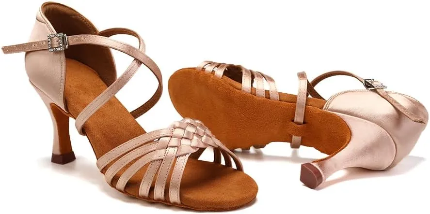 Women's Latin Dance Shoes Satin Practice Performance Ballroom Bachata Salsa Professional Dance Shoes,Model 3032-6B