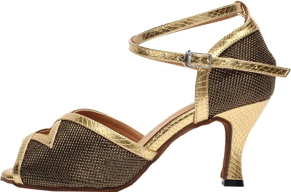 Womens Latin Dance Shoes Tango Ballroom Practice Shoes Salsa Cha-cha Peep Toe Custom Heel Ankle Strap