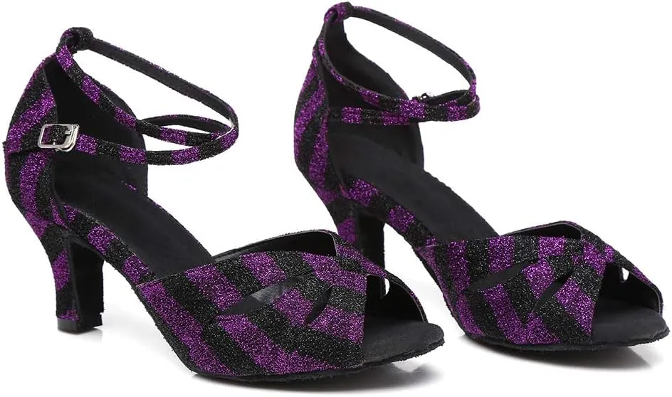 Women's Latin Salsa Dance Shoes Open Toe Ballroom Bachata Sparkly Dancing Shoes Model L294
