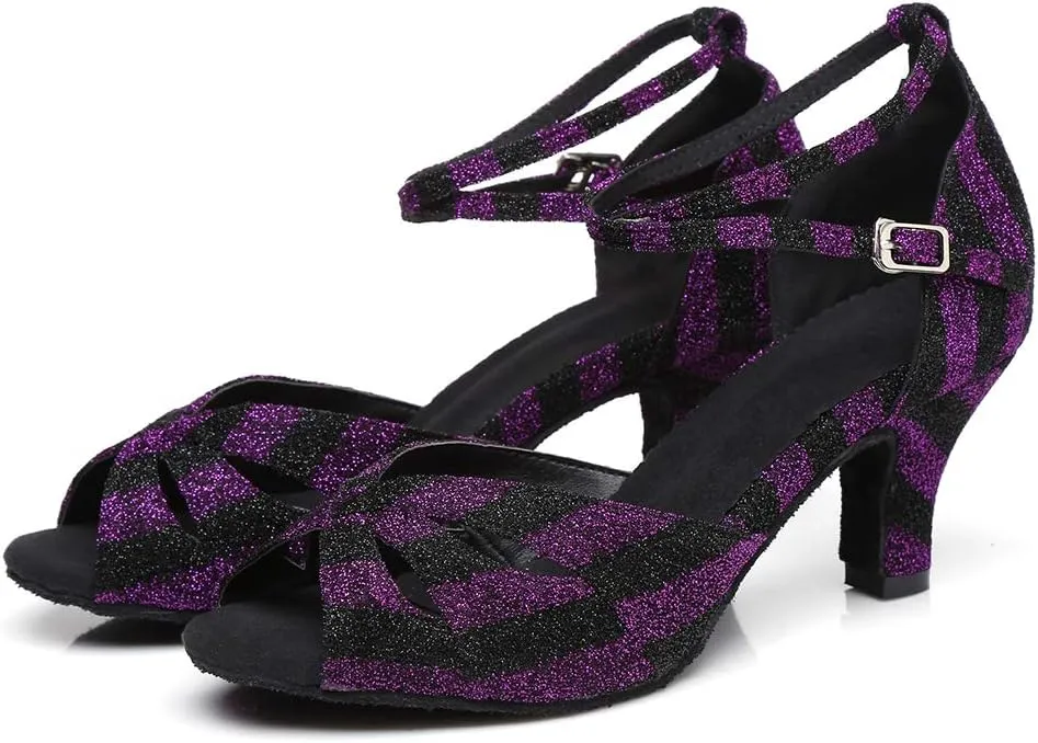 Women's Latin Salsa Dance Shoes Open Toe Ballroom Bachata Sparkly Dancing Shoes Model L294